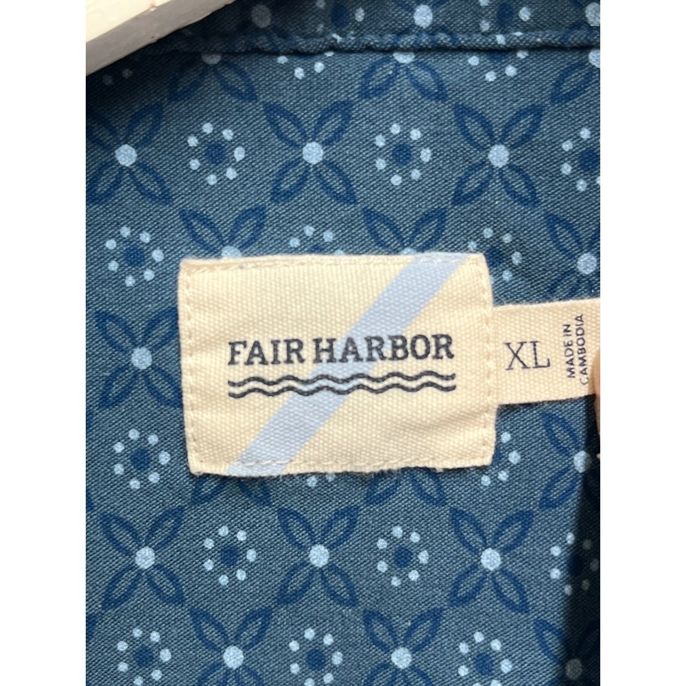 Fair Harbor Mens XL Blue Geometric Floral Short Sleeve Button Down Shirt Stretch